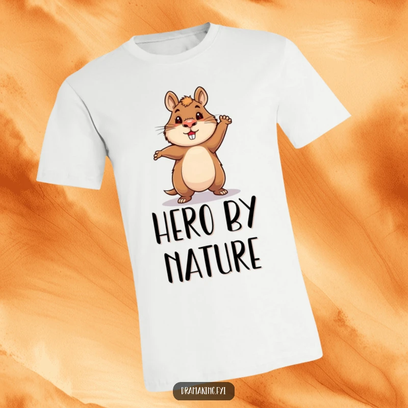 Funny Capybara Hero T-Shirt featuring a capybara striking a grand, heroic pose in a dramatic spotlight, radiating funny charisma.