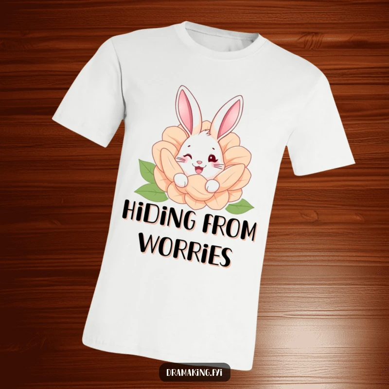 Funny t-shirt depicting a happy rabbit with a twinkle in its eye, peeking from behind a giant flower, a garden surprise.