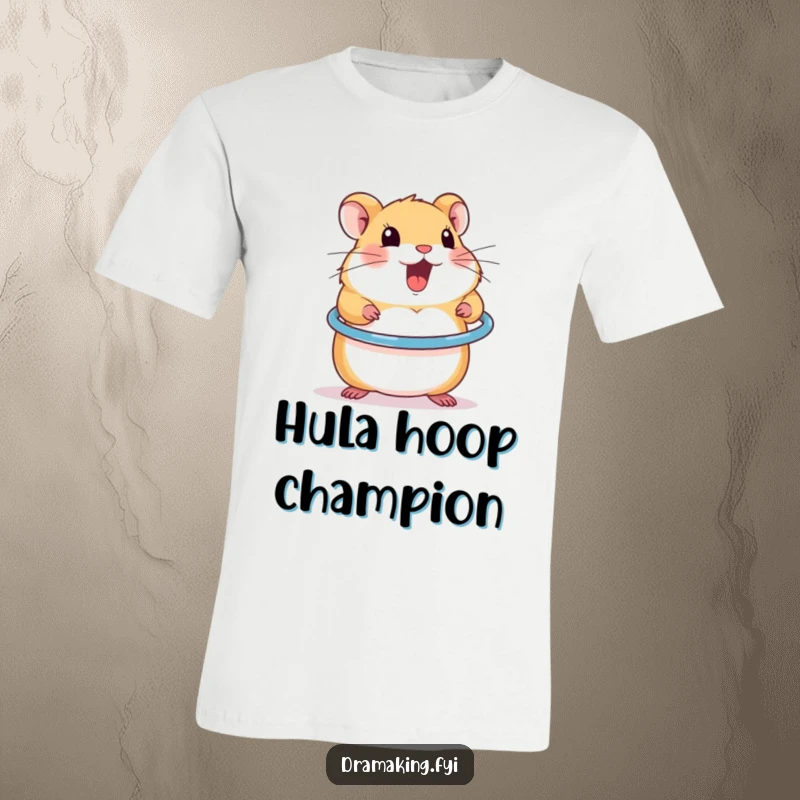 Funny t-shirt depicting an excited hamster energetically spinning a miniature hula hoop, showcasing pet fitness.