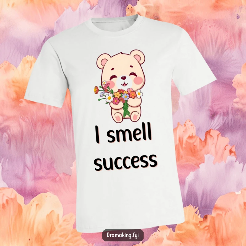 Funny Proud Bear T-Shirt, showing a small bear with a bouquet of flowers, looking overly pleased with itself, exuding confidence.