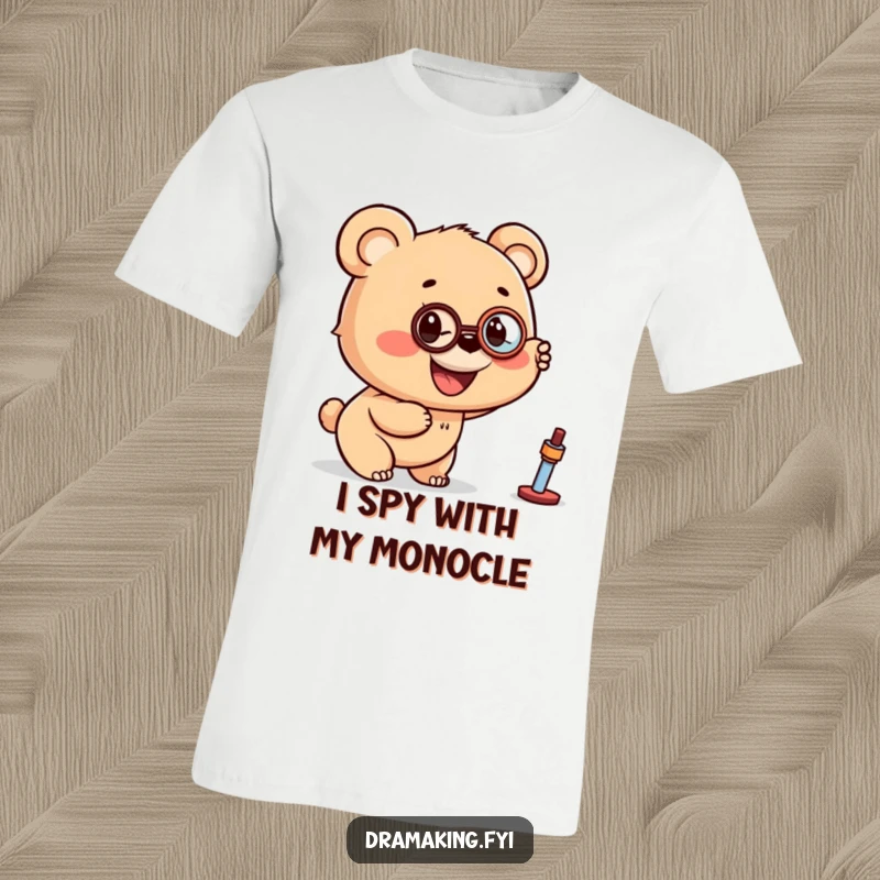 Funny t-shirt with a smiling bear cub wearing a monocle, pointing excitedly towards something interesting in the distance.