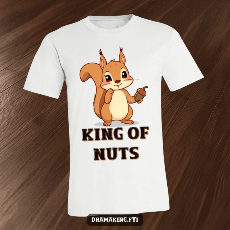 Funny squirrel t-shirt showing a squirrel dramatically holding an acorn like a scepter, exuding humorous pomp and tiny majesty.