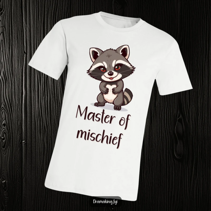 Funny raccoon t-shirt showcasing a playful animal with a sly smile, striking a dramatic pose, perfect for casual wear and humor enthusiasts.
