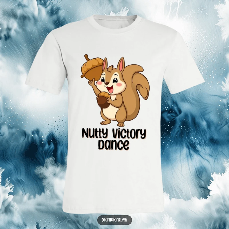 Funny happy squirrel character in a theatrical triumphant posture holding a giant acorn, celebrating victory shirt.