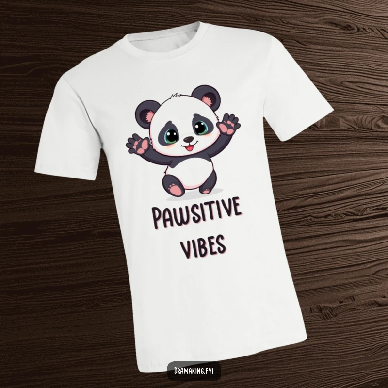 Funny playful panda cub t-shirt striking a dramatic pose with outstretched paws, adorable and humorous apparel.