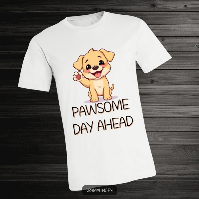 Funny t-shirt depicting a grinning puppy in a comical pose, one paw lifted high, celebrating dog fun.
