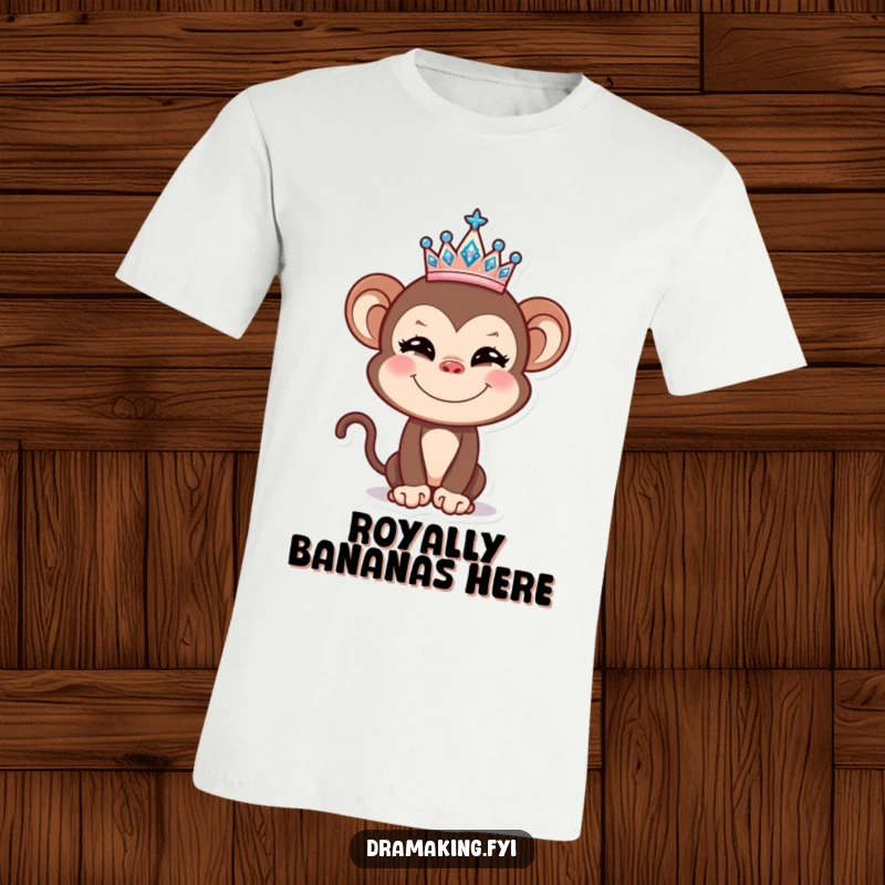 Funny Monkey T-Shirt featuring a cheeky monkey with a sparkling tiara, exuding playful royalty and comedic charm.