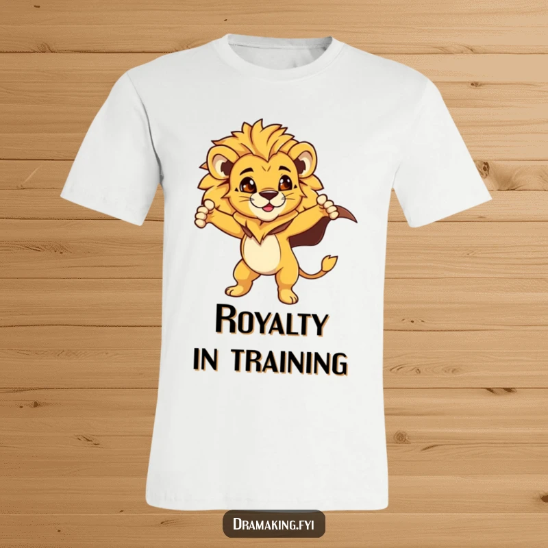 Funny Lion Cub T-Shirt: A proud lion cub hero with a flowing cape strikes a dramatic, confident pose, perfect for a funny gift.