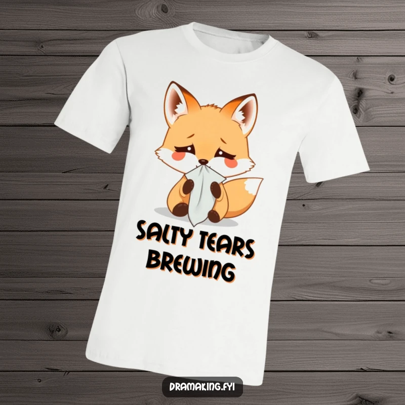Funny t-shirt depicting a small fox shedding dramatic tears into a tiny handkerchief, perfect for expressing exaggerated emotions humorously.