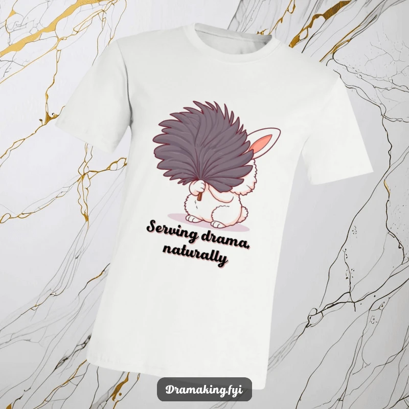 Funny t-shirt of a fluffy bunny fanning itself with a large feather, expressing dramatic heat and a need for cool relief.