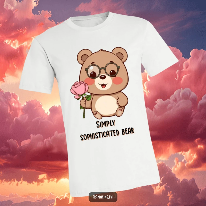 Funny bear t-shirt, wearing a tiny monocle, presenting an oversized rose with a cheerful and proud demeanor.