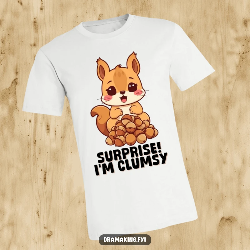 Funny Surprised Squirrel T-Shirt with a squirrel looking shocked and dropping acorns, embodying funny, startled moments.