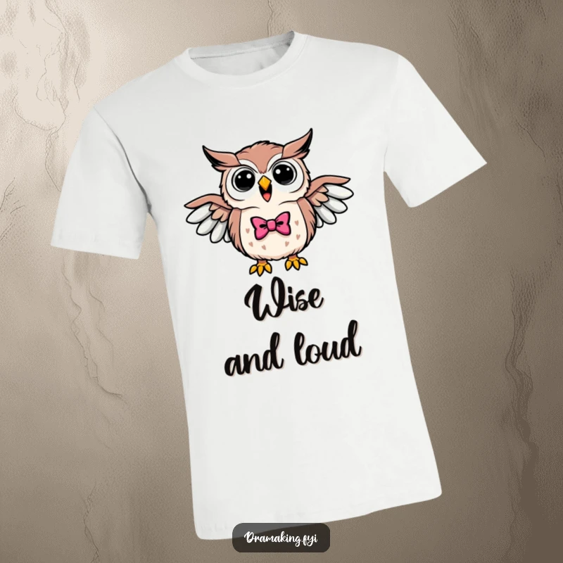 Funny t-shirt of a triumphant owl in a bowtie, hooting loudly with wings outstretched, exuding wise celebration.