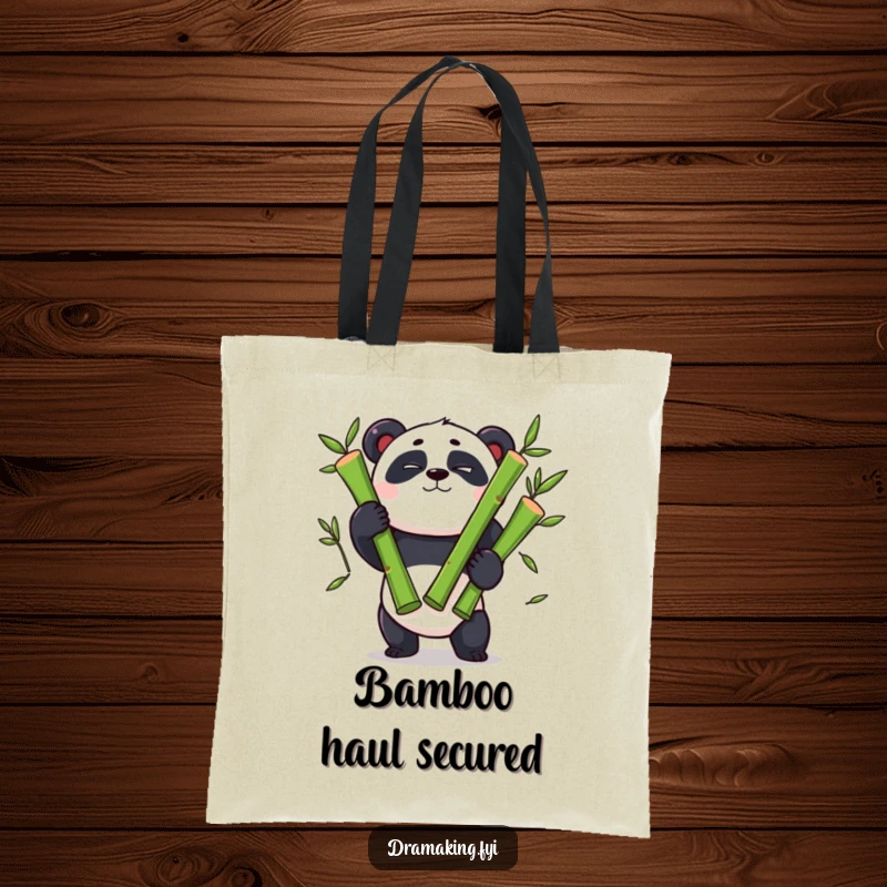 Funny panda tote bag, winking panda character, juggling three oversized bamboo shoots, a fun and functional accessory.