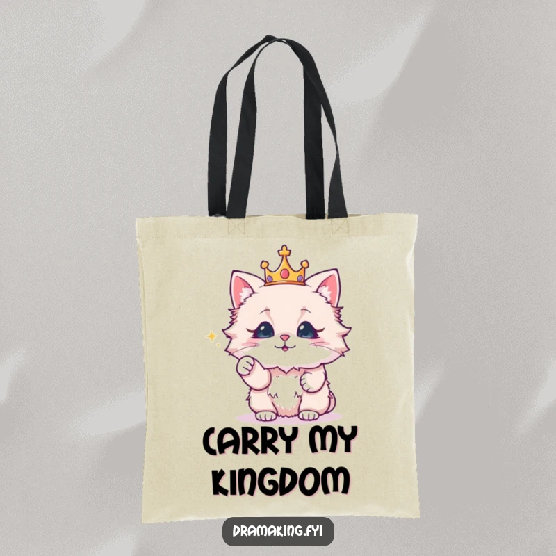 Funny tote bag with a fluffy cat wearing a crown, dramatically pointing at a sparkling object, for carrying essentials.