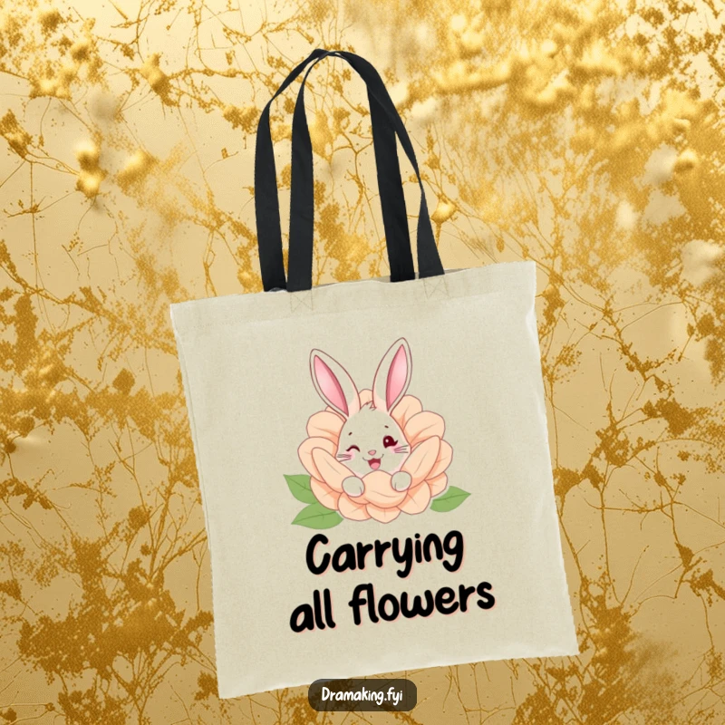 Funny tote bag featuring a happy rabbit peeking from behind a giant flower, a charming garden accessory.