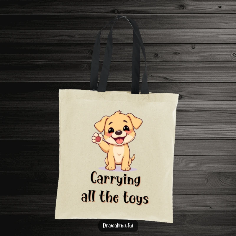 Funny tote bag featuring a grinning puppy striking a humorous pose with a raised paw, a cheerful dog design.