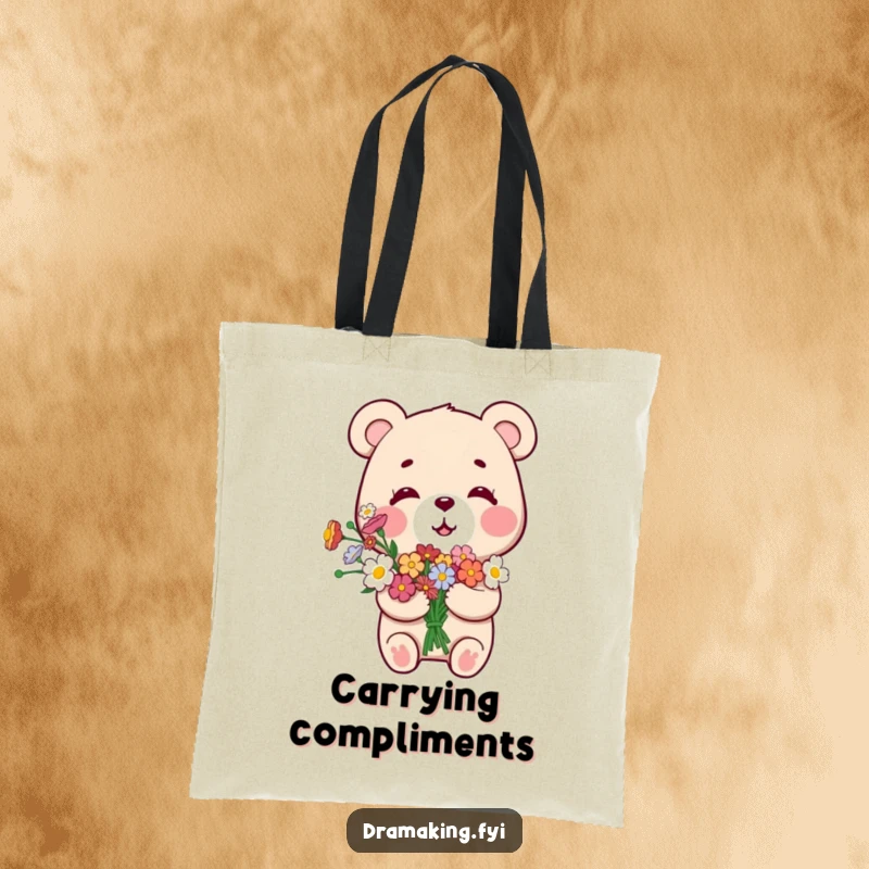 Funny Smug Bear Tote Bag, showcasing a small bear with a bouquet of flowers, looking overly pleased with itself, great for shopping.