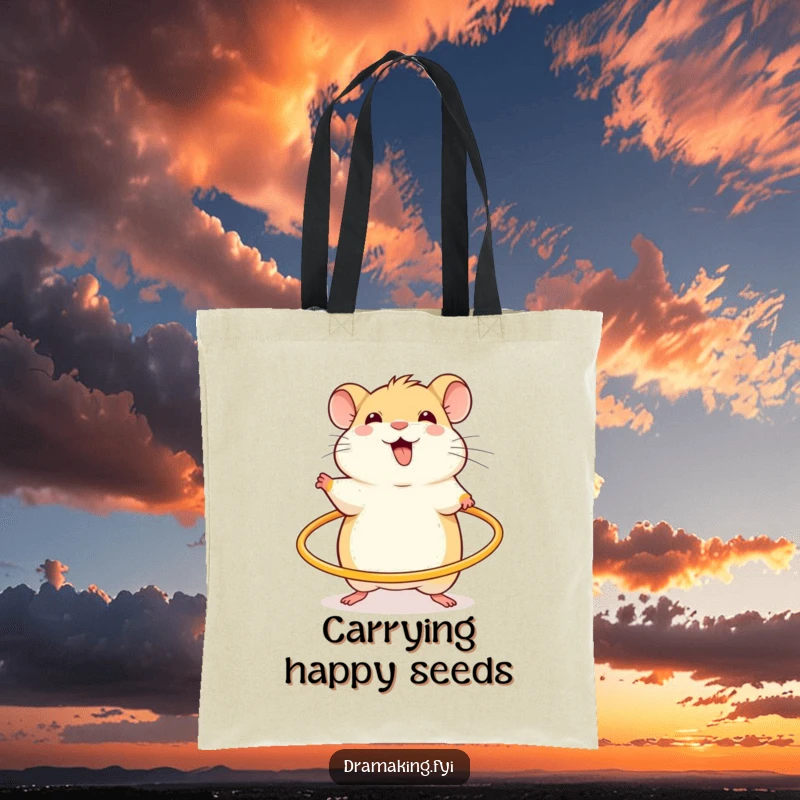 Funny tote bag with a cheerful hamster, excited and spinning a miniature hula hoop, for carrying daily essentials.