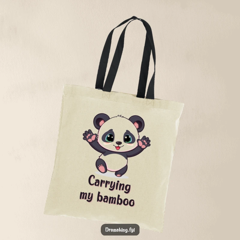 Funny playful panda cub tote bag striking a dramatic pose with outstretched paws, a humorous and cute accessory.