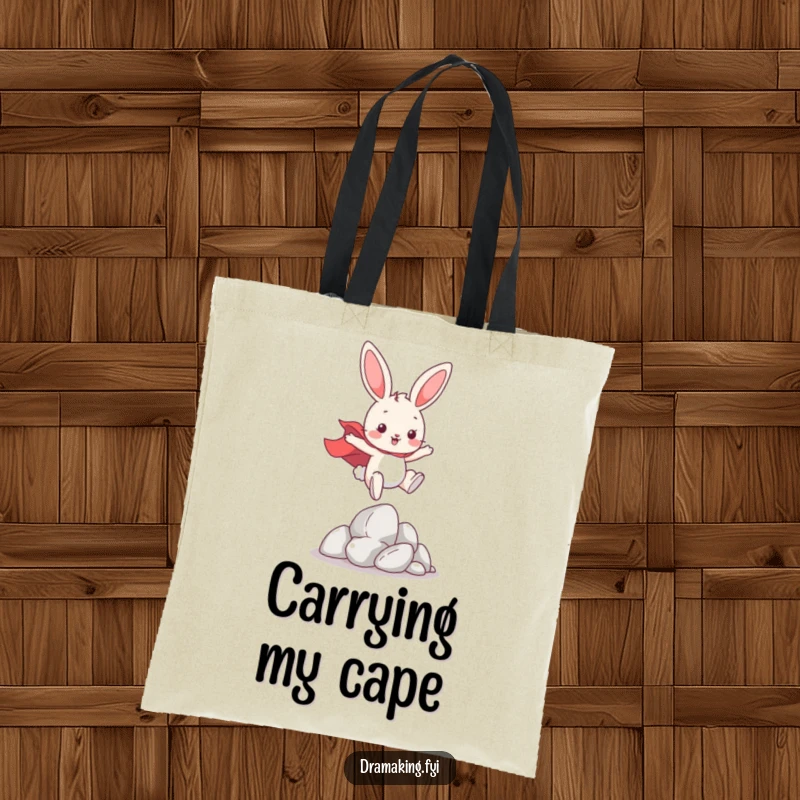 Funny Hero Bunny Tote Bag, showcasing a playful bunny wearing a cape, leaping over imaginary obstacles, ideal for carrying essentials.