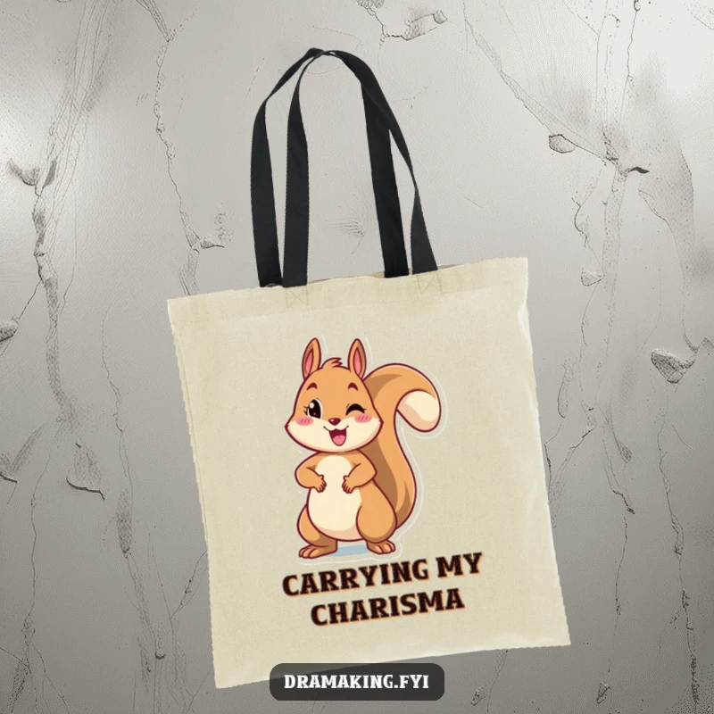Funny tote bag with a cheerful squirrel striking a dramatic pose with arms outstretched, a stylish and humorous accessory for daily use.