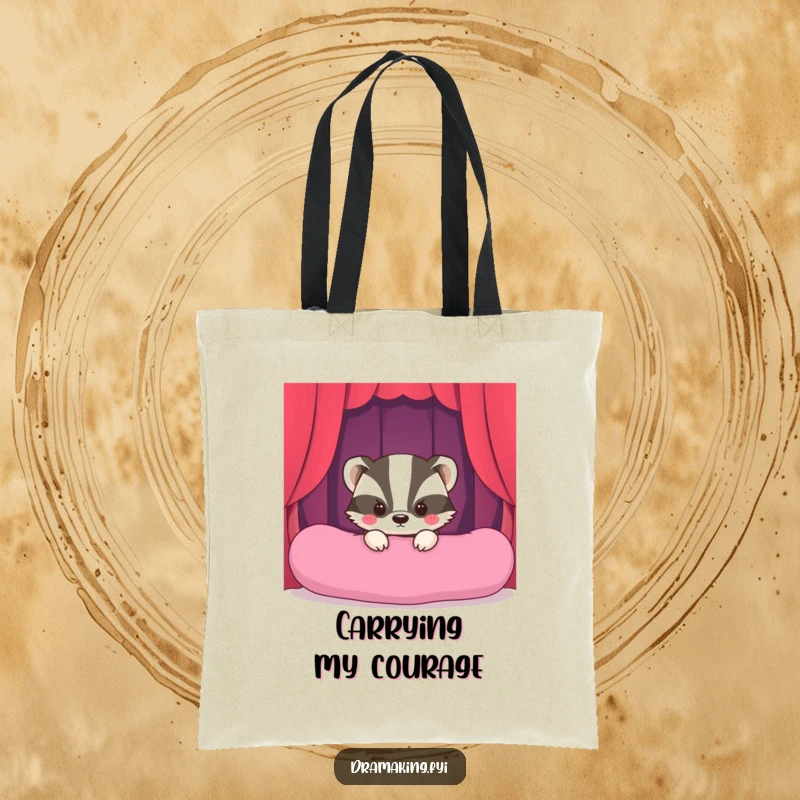 Funny Shy Badger Stage Tote Bag depicting a shy badger peeking, ready for its hilariously delayed but brilliant spotlight moment.