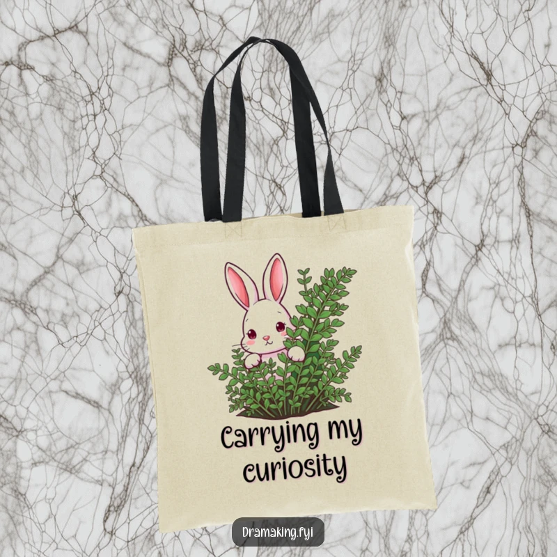 Funny rabbit peeking from behind a lush fern on a tote bag, conveying curiosity and playful secrecy for a gift.