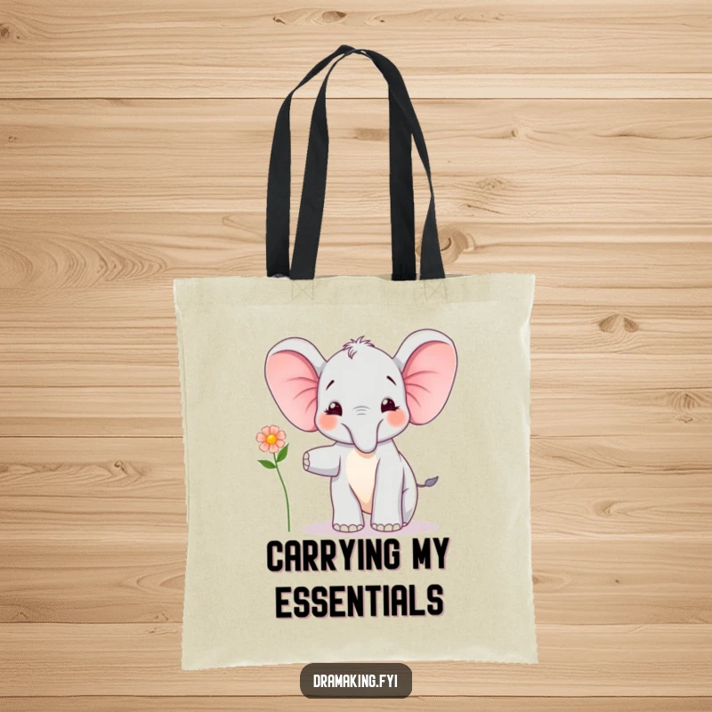 Funny Elephant Calf Balancing Tote Bag: A joyful elephant calf balances with a flower, carrying happiness and charm, a funny gift.