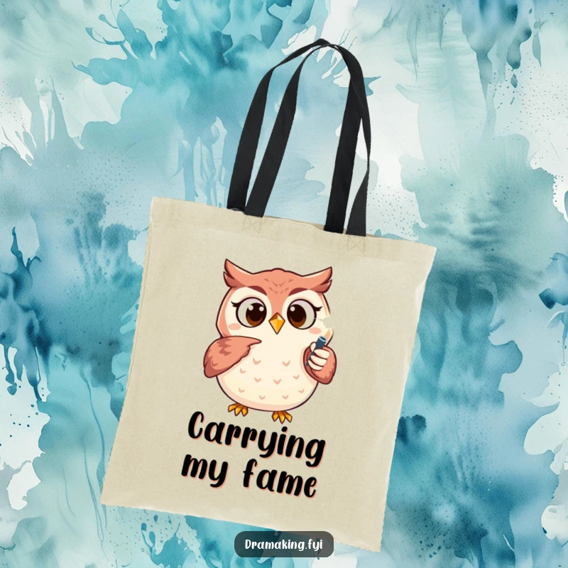 Funny owl tote bag with an excited character pointing at a sparkling spotlight, perfect for carrying daily essentials with flair.