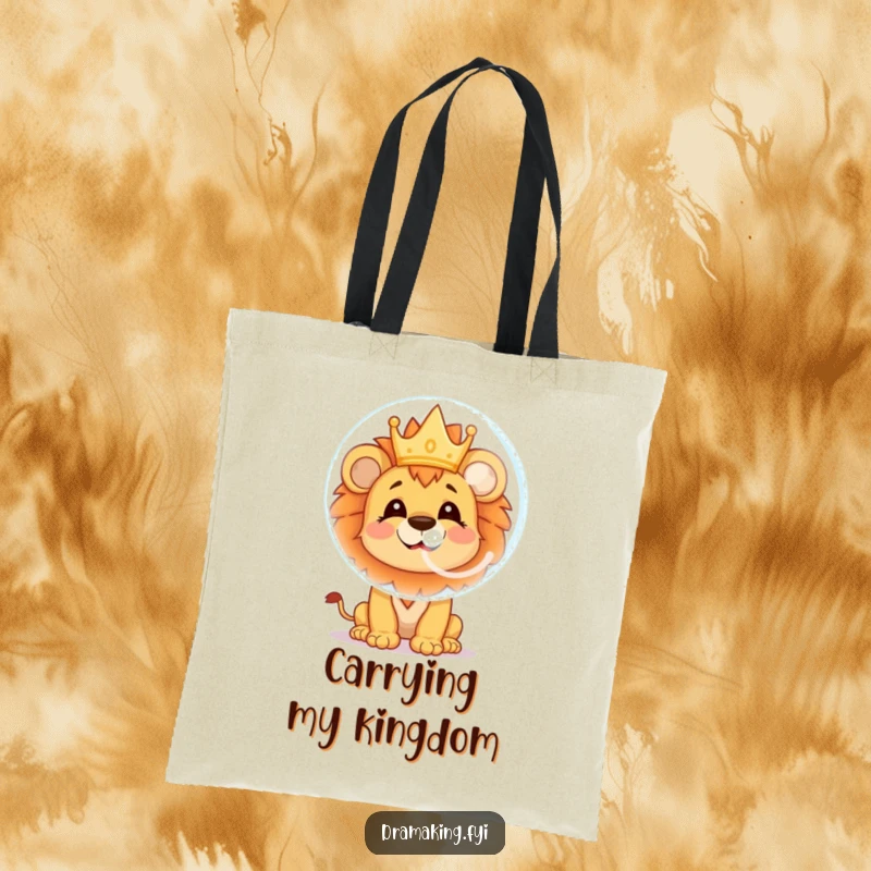 Funny lion cub tote bag with a cheerful character blowing a soap bubble reflecting a crown, perfect for carrying essentials with whimsy.
