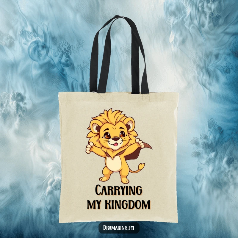 Funny Lion Cub Tote Bag: Features a proud lion cub with a dramatically flowing cape, striking a heroic pose, a funny bag.