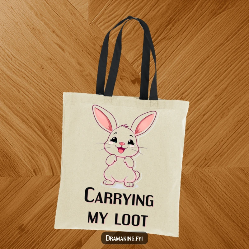 Funny dramatic rabbit tote bag, cheerful with oversized ears, striking a theatrical pose, humorous accessory.