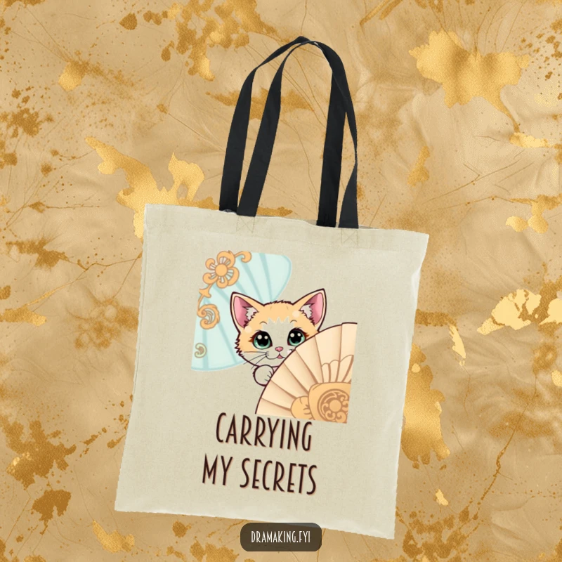 Funny tote bag featuring a curious cat with large eyes peeking around an ornate fan, great for stylish carrying.