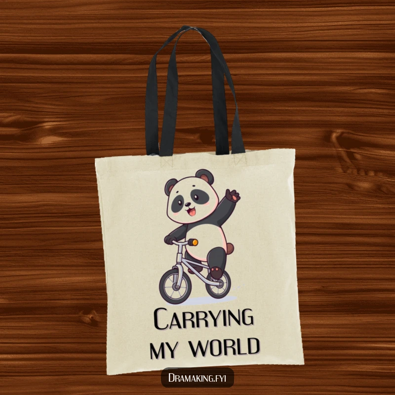 Funny panda tote bag featuring a majestic panda riding a tiny unicycle with exaggerated flair, ready for any adventure with humor.