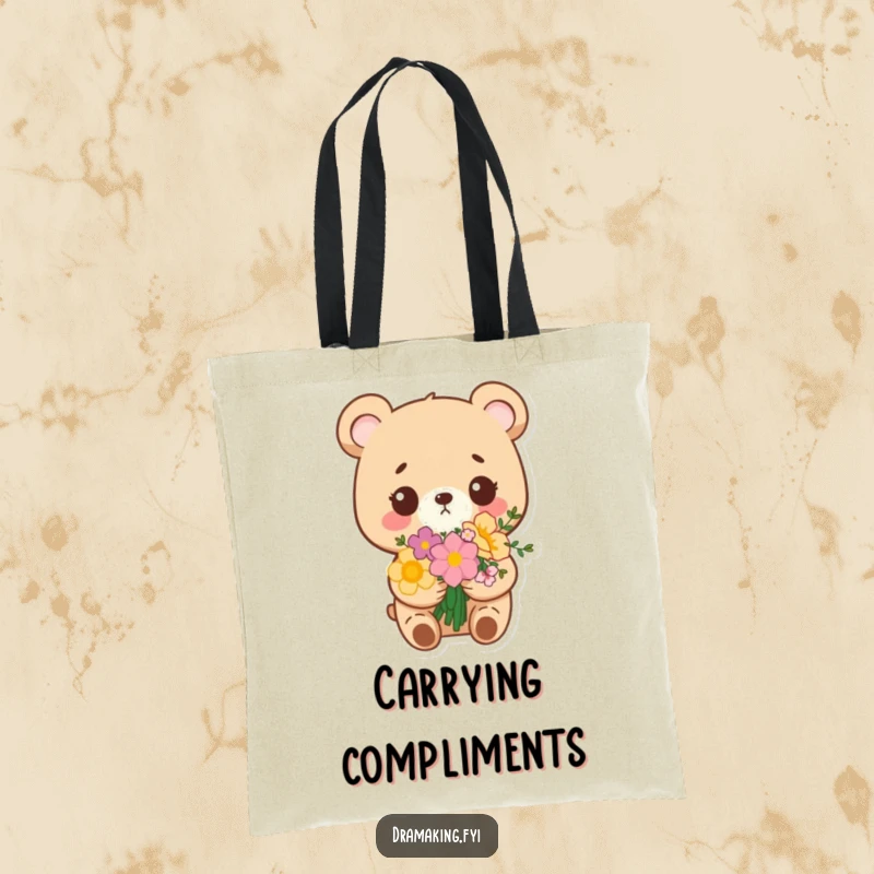 Funny tote bag with a small bear holding a flower bouquet, looking very pleased with itself, great for daily use.