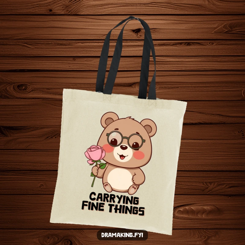 Funny bear tote bag, wearing a tiny monocle, presenting an oversized rose, a chic and practical accessory.