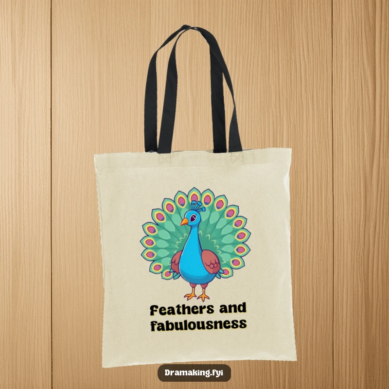 Funny peacock tote bag featuring a regal bird proudly displaying its wide-flared tail feathers, ready for any errand with humorous flair.