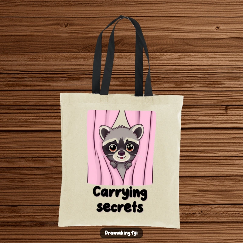 Funny tote bag art of a mischievous raccoon peeking from behind a curtain with wide, watchful eyes, adding a touch of mystery.