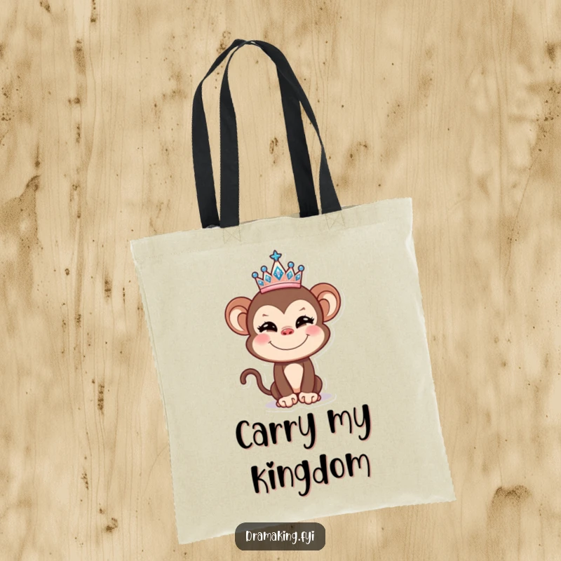Funny Monkey Tiara Tote Bag featuring a mischievous monkey sporting a sparkly crown, perfect for carrying essentials with comedic flair.