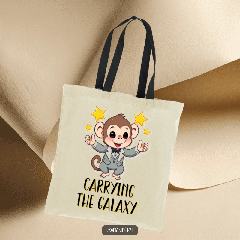 Funny tote bag featuring a monkey in a tuxedo juggling shining stars, a chic and amusing accessory for daily use.
