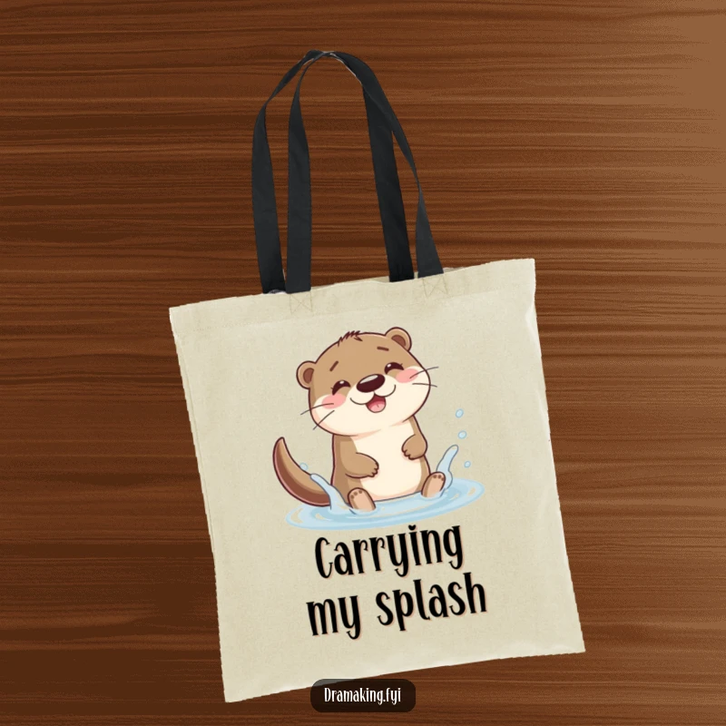 Funny otter character splashing joyfully in a puddle on a tote bag, bringing happiness and playful energy to errands.