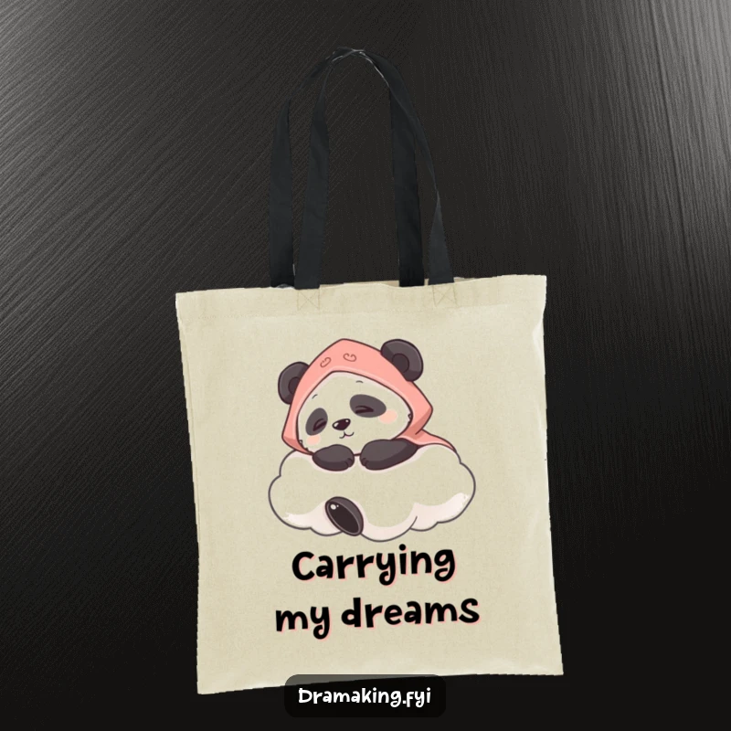 Funny tote bag depicting a panda wearing a cape napping on a cloud, perfect for carrying essentials with peaceful charm.