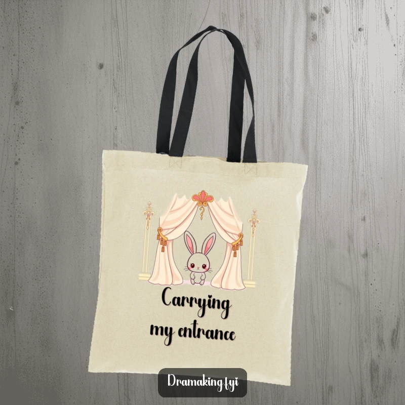 Funny rabbit tote bag with a curious character peeking from behind an ornate curtain, perfect for carrying essentials with intrigue.