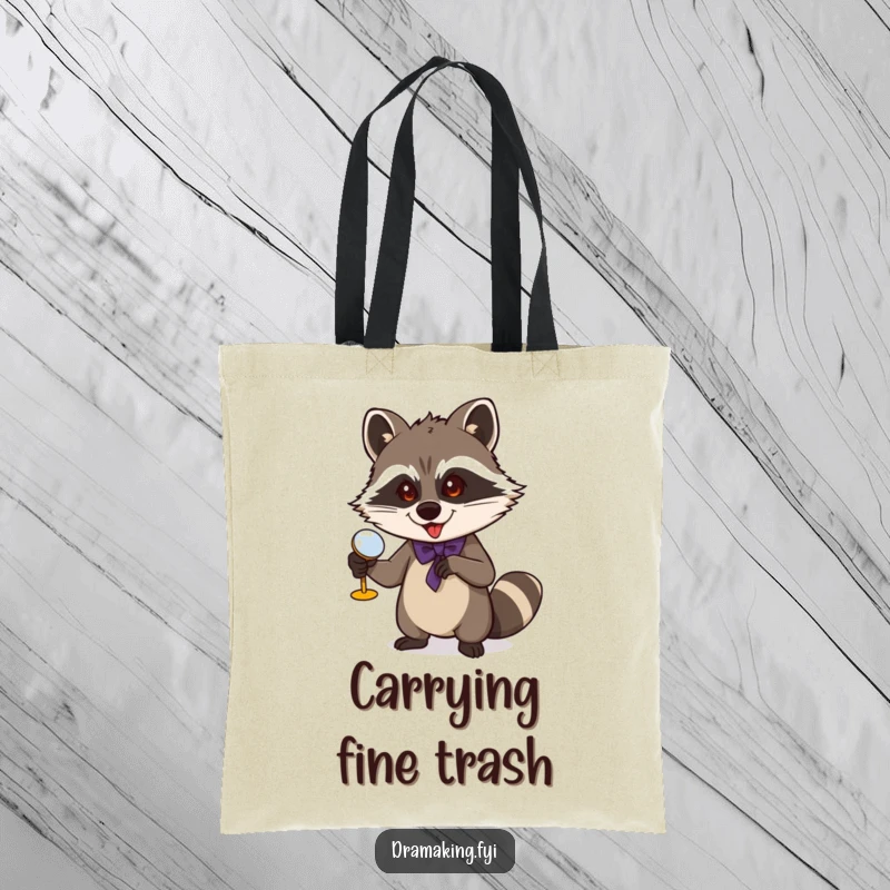Funny Raccoon Tote Bag: Features a mischievous raccoon gesturing with opera glasses, perfect for carrying show essentials with style.