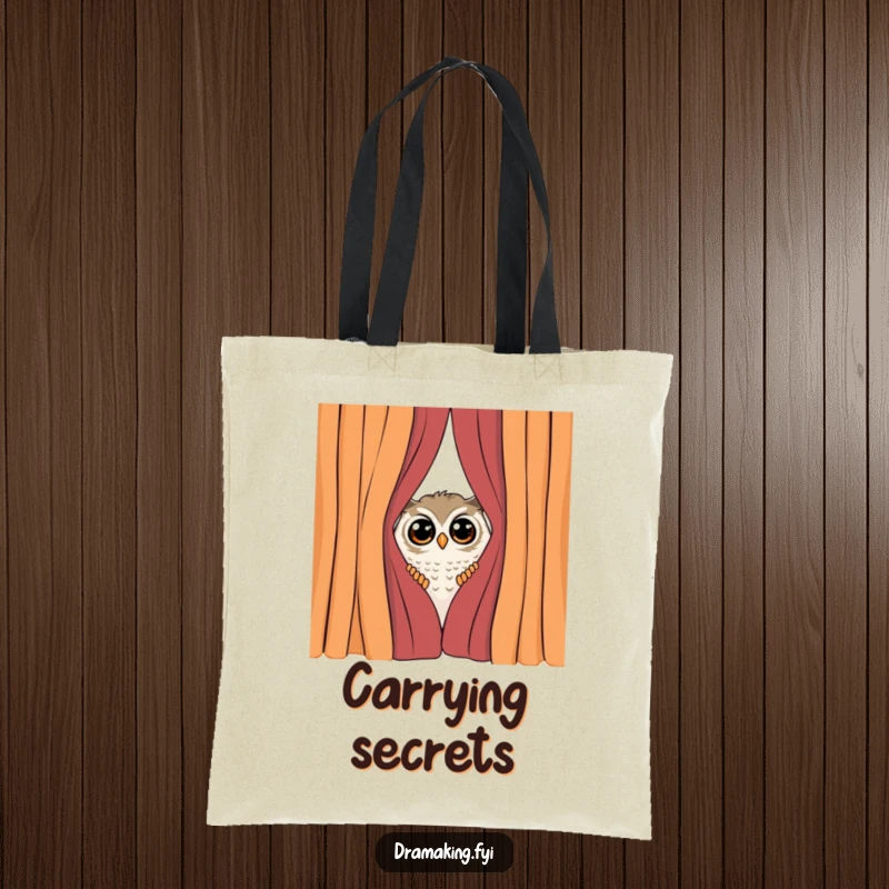 Funny Shy Owl Tote Bag, showcasing a curious owl peeking from behind a dramatic curtain, surprised by attention, great for shopping.