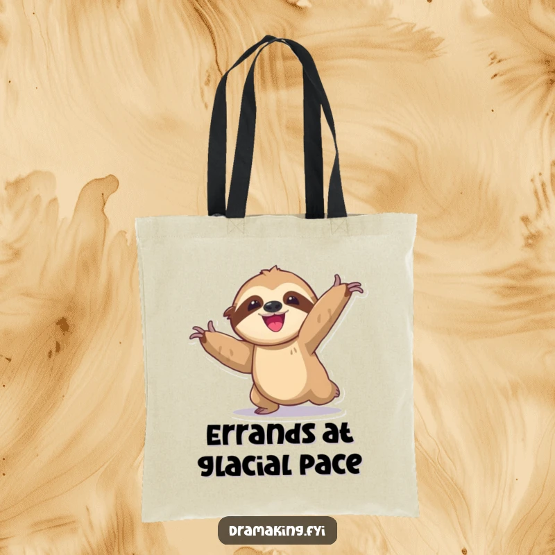 Funny sloth tote bag with a delighted character slowly moving into an exaggerated, dramatic pose, perfect for shopping and daily use.