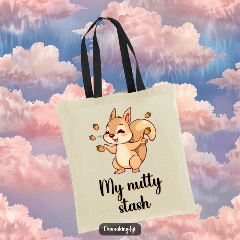 Funny squirrel tote bag with a dramatic character tossing shiny acorns into the air, perfect for carrying essentials with flair.