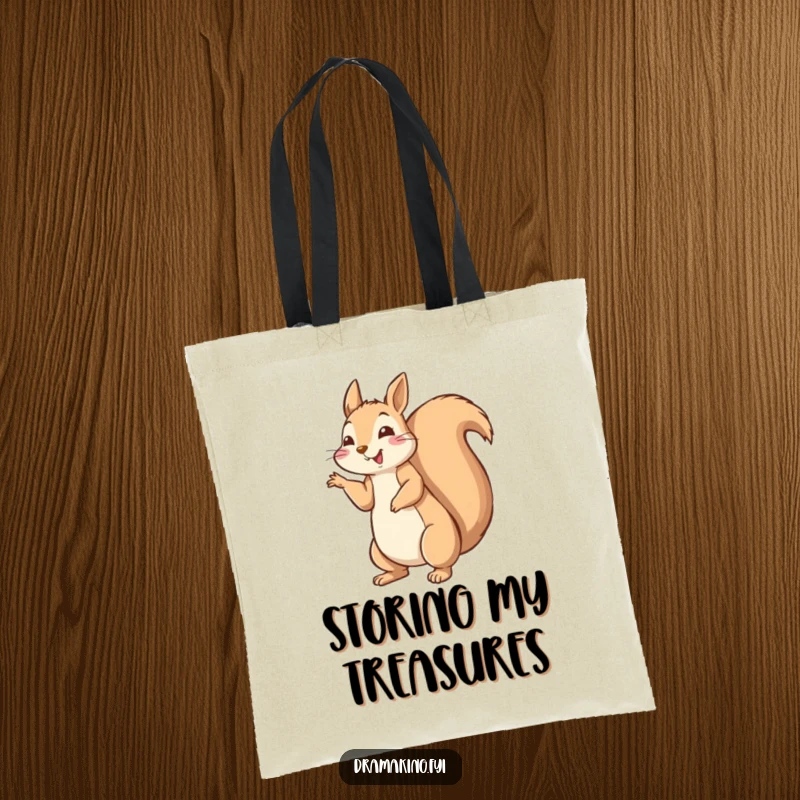 Funny happy squirrel tote bag striking a dramatic pose with tail fluffed high, a humorous and practical accessory.