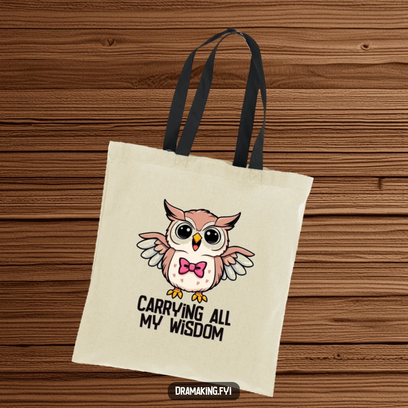 Funny tote bag with a triumphant owl wearing a bowtie, wings outstretched, hooting loudly, ready for grand occasions.